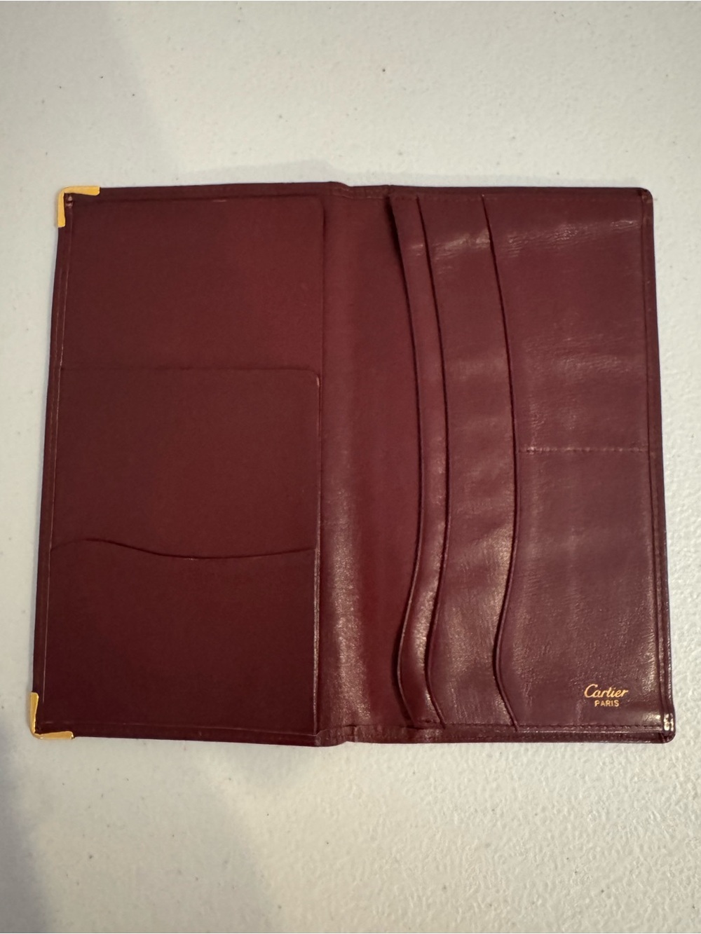 Vintage Cartier Paris Burgundy Leather Long Wallet Gold Corner Hardware